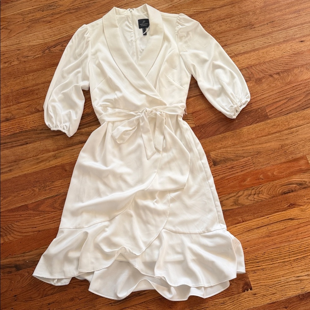 Adrianna Papell White Wrap Midi Dress with Ruffle Hem